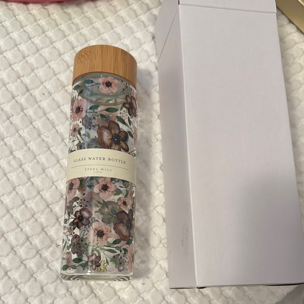 Steel Mill Floral Glass Water Bottle with Bamboo Lid